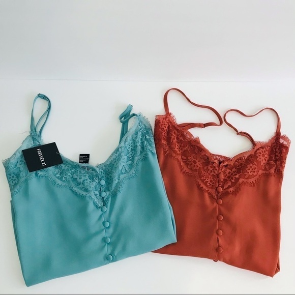 New! Forever 21 Bundle Bohemian Lace Button Spaghetti Strap Cami Blouse Top - Picture 1 of 16